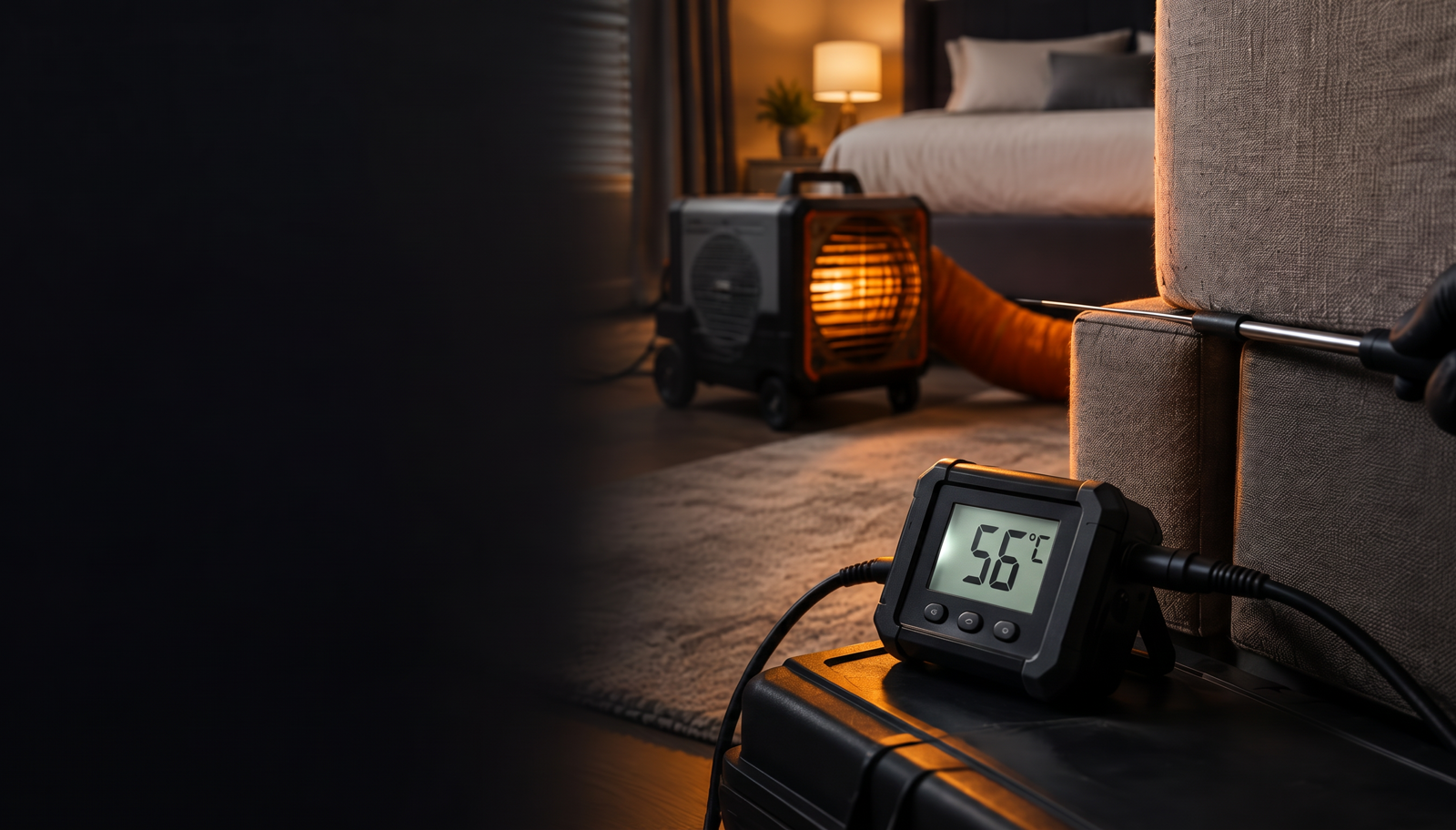 Professional bed bug heat treatment equipment and temperature monitoring sensors positioned in a bedroom